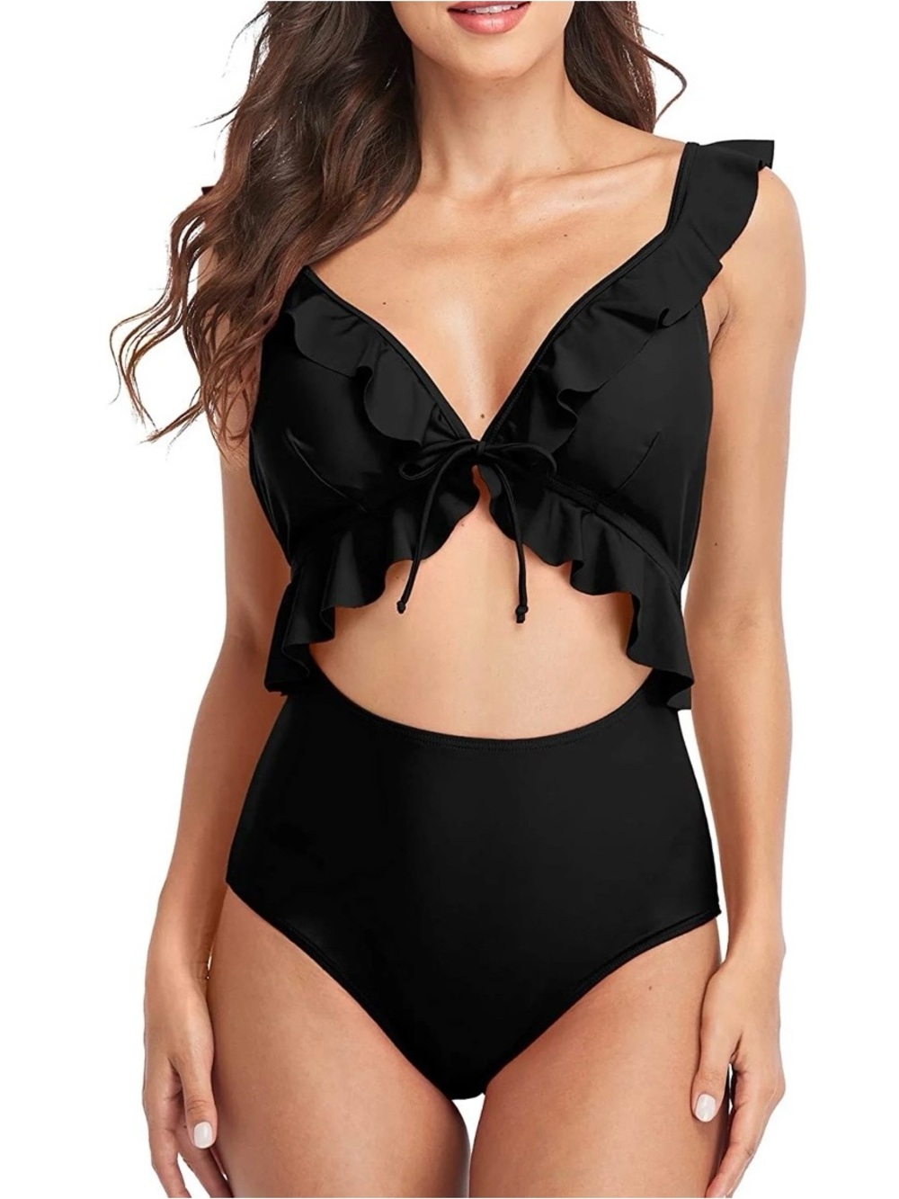 Ruffled Black Women’s Tie-Front One-Piece Swimsuit
